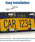 Universal Carbon Fiber License Plate Frame For Us Cars Tag Holder Cover With Screw Caps Four Bolt Mount, showing installation steps.