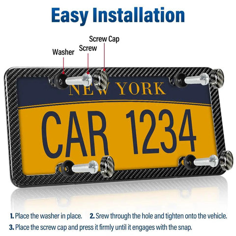 Universal Carbon Fiber License Plate Frame For Us Cars Tag Holder Cover With Screw Caps Four Bolt Mount, showing installation steps.