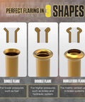 Brake line flaring tool kit: three gold-tone flare shapes: single, double, bubble ISO for 3/16–3/8 in brake tubing.