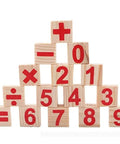 Stacked wooden blocks showing numbers and math signs. Counting Number Blocks And Wooden Sticks Kit For Kids Learning Kid Friendly Fun.