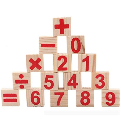 Stacked wooden blocks showing numbers and math signs. Counting Number Blocks And Wooden Sticks Kit For Kids Learning Kid Friendly Fun.