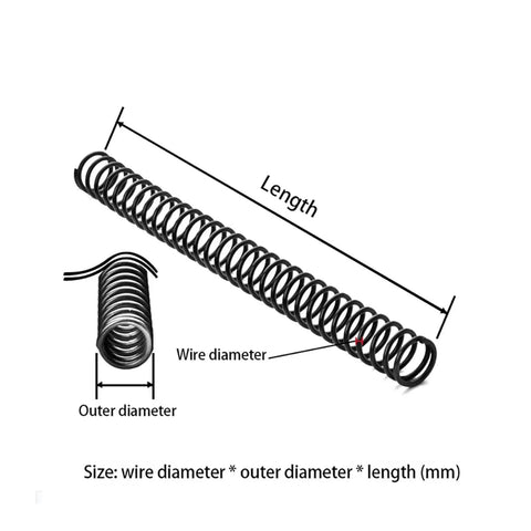 Built Tough 65Mn Steel Compression Springs Badass Grade Coils shown with wire dimensions, suitable for automotive and heavy equipment repairs.
