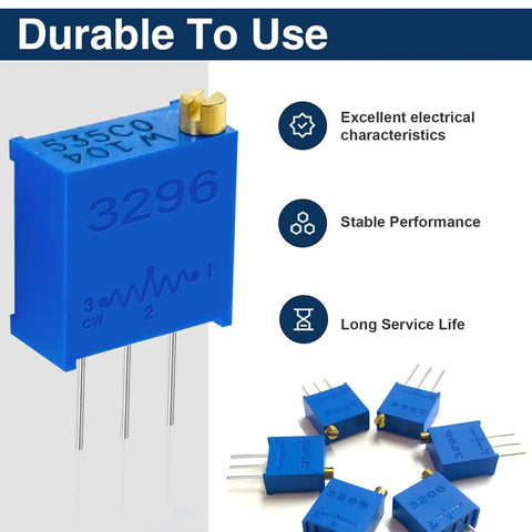 Blue multiturn trimmer potentiometer with gold screw adjustment, part of Multiturn Trimmer Potentiometer Kit With Sixty Pieces In Twelve Values From 100 Ohm To 500K Ohm For Precise Circuit Tuning PCB Repair And DIY Electronics Projects For Techies And Hobbyists