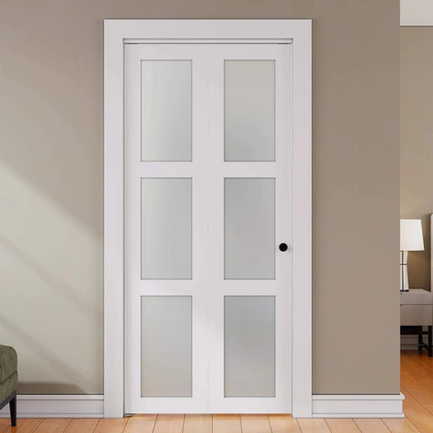 Bifold Door for 28 by 80 Opening With Tempered Frosted Glass in White Finish, Waterproof PVC Surface, shown installed in room