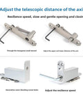 Slick 360 Degree Concealed Tiandi Hinge With Hydraulic Auto Close And Dead Center Locking, showing adjustment options and tools.