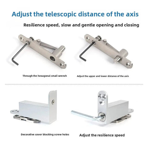 Slick 360 Degree Concealed Tiandi Hinge With Hydraulic Auto Close And Dead Center Locking, showing adjustment options and tools.