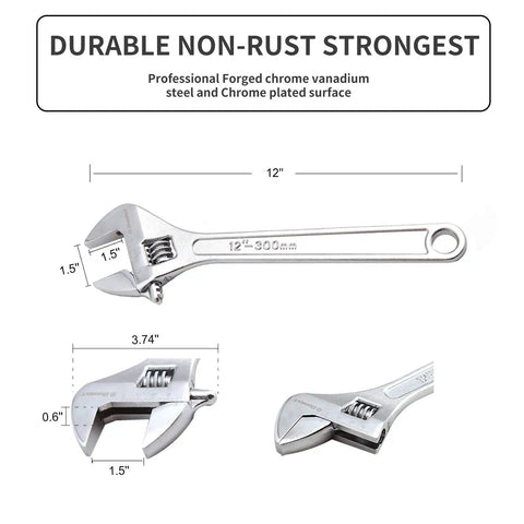 Diagram showing 12-inch Beefy Adjustable Wrench with CRV Steel Jaw highlighting dimensions, rust resistance, and smooth worm gear.