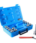 MT2 Shank ER32 Chuck Kit With Eleven Collets From One Eighth To Three Quarter Inch Increments In Sixteenth Inch Morse Taper Collet System Pro Grade Alloy Steel 0.0005 Inch Accuracy For End Mills Drills Reamers, open case