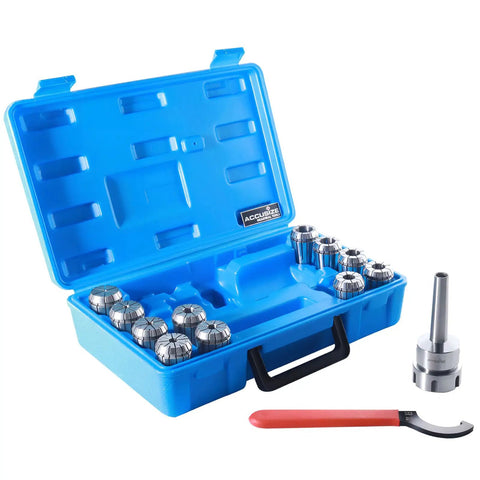 MT2 Shank ER32 Chuck Kit With Eleven Collets From One Eighth To Three Quarter Inch Increments In Sixteenth Inch Morse Taper Collet System Pro Grade Alloy Steel 0.0005 Inch Accuracy For End Mills Drills Reamers, open case