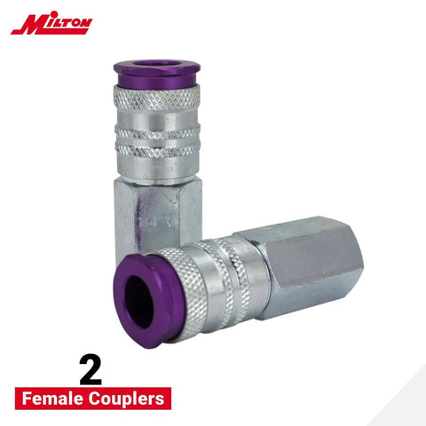 14 Piece Hi Flo V Style One Fourth Inch Purple Anodized Kit For Spray Paints, Sand Blasting, And High CFM Blow Guns, Color Coded Purple For Quick Matches, Durable Aluminum Construction, showing two purple couplers.