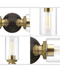 Close-up of Two Light Clear Glass Farmhouse Bath Vanity Light In Antique Bronze Finish for Vintage Rustic Bathroom Decor