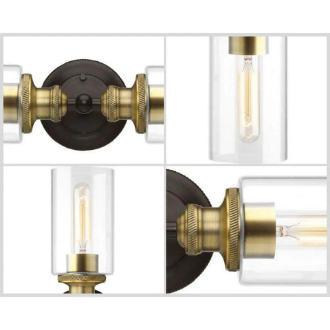 Close-up of Two Light Clear Glass Farmhouse Bath Vanity Light In Antique Bronze Finish for Vintage Rustic Bathroom Decor