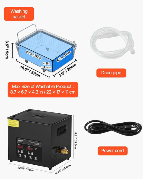 Pro Grade Ultrasonic Cleaner 10L 600W Heating Power Deep Clean Forty Kilohertz With Gentle Mode showing basket, pipe, and cord