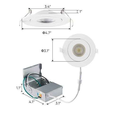 Diagram of 4 Inch LED Recessed Gimbal Light With Junction Box 9W 650LM CRI90 Plus ETL Listed Five Color Temperature Selectable