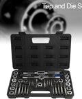 Heavy Duty 34-Piece Tap And Die Set With Pitch Gauge For Vehicle Repair Includes Heat Treated 45 Steel And Alloy Steel Thread Cutting Tools Kit Ranging From M3 To M1.75 Plus NPT Threads, open case