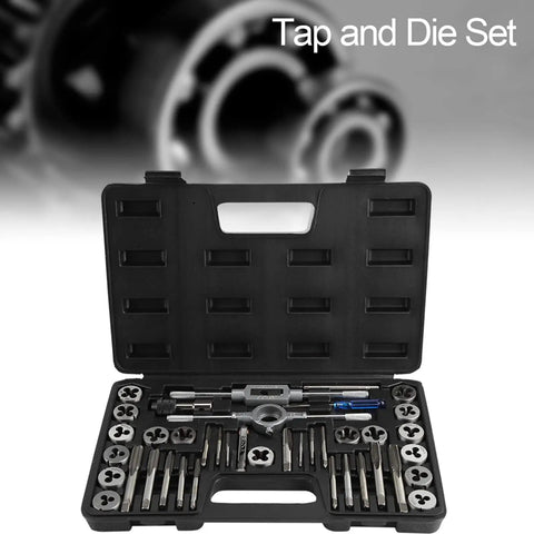 Heavy Duty 34-Piece Tap And Die Set With Pitch Gauge For Vehicle Repair Includes Heat Treated 45 Steel And Alloy Steel Thread Cutting Tools Kit Ranging From M3 To M1.75 Plus NPT Threads, open case