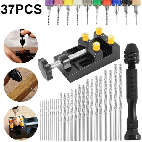 37 Piece Pin Vise Hand Drill Kit For Jewelry Making Mini Manual Drill Set showing pin vise, bench vise, and micro drill set