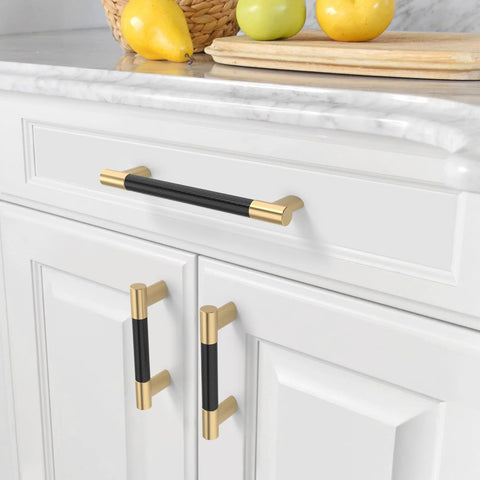 10 Pack Matte Black And Gold Knurled Cabinet Pulls 5 Inch Center to Center on White Cabinets