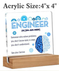 Engineer Definition Acrylic Sign Desk Decor 4 x 4 Inches on wooden frame, featuring blue gears and brain illustration.