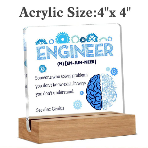 Engineer Definition Acrylic Sign Desk Decor 4 x 4 Inches on wooden frame, featuring blue gears and brain illustration.