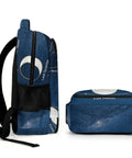 Side view of Moon Phase Diagram Printed Backpack Unisex Large Capacity Dope Everyday Carry Bag with durable polyester fabric.