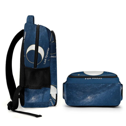 Side view of Moon Phase Diagram Printed Backpack Unisex Large Capacity Dope Everyday Carry Bag with durable polyester fabric.