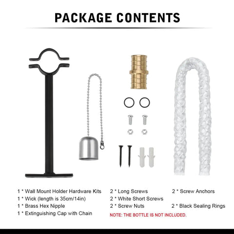 Wine Bottle Torch Kit For Outdoor Patio Lighting Wall Mount Holder With Wick Whiskey Bottle Torches Hardware Kit DIY Porch Decor Black Finish Easy Mount Refillable Flame Accent For Cozy Evenings package contents display with hardware