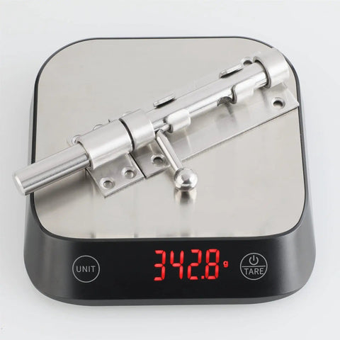 Gate Latch Lock for Wooden Garden Stainless Steel Brushed Hardware on a digital scale showing 342.8 grams.