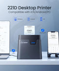 Desk Bluetooth Barcode Label Printer With Direct Thermal Print 2 Inch Label Width For Barcodes And Addresses Super Easy Office Warehouse Label Maker With 1 Roll Label Compact And Portable shown with laptop and smartphone connectivity.
