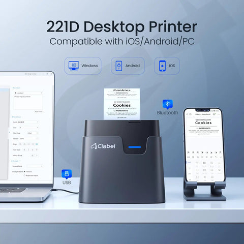Desk Bluetooth Barcode Label Printer With Direct Thermal Print 2 Inch Label Width For Barcodes And Addresses Super Easy Office Warehouse Label Maker With 1 Roll Label Compact And Portable shown with laptop and smartphone connectivity.