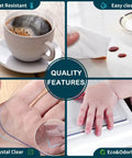 Collage of features showing heat resistance, easy clean, crystal clear, and eco-friendly aspects of a transparent desk mat
