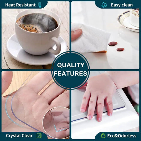 Collage of features showing heat resistance, easy clean, crystal clear, and eco-friendly aspects of a transparent desk mat