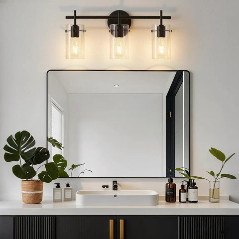 Three Light Matte Black Vanity Light With Clear Glass Shades For Bathroom Mirror Over Vanity And Beyond Perfect Wall Sconce