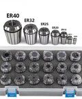 High Precision 65Mn Steel ER32 Spring Collet Chuck Set With Nuts For CNC Machines 1-16mm Range in storage case displaying different sizes.