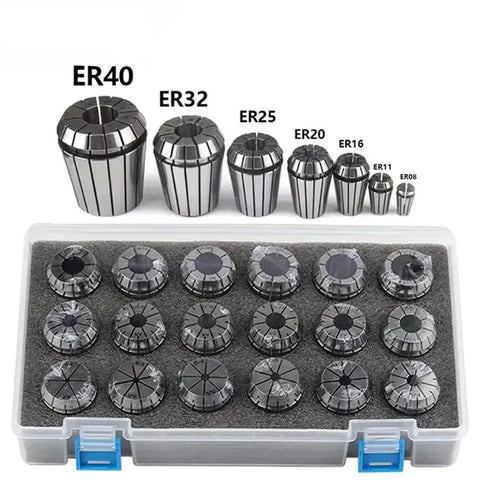 High Precision 65Mn Steel ER32 Spring Collet Chuck Set With Nuts For CNC Machines 1-16mm Range in storage case displaying different sizes.