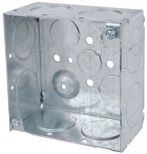 Pro Grade 4 Inch Square Electrical Box With Pre Galvanized Steel Build And Extra Deep Chamber, showing interior view for conduit connections.