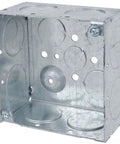 Pro Grade 4 Inch Square Electrical Box With Pre Galvanized Steel Build And Extra Deep Chamber showing open interior and mounting details.