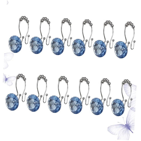 Blue Stainless Steel Shower Curtain Hooks With Rhinestones Rust Resistant Double Glide Rings 12 Piece Set