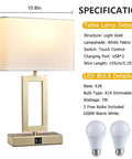 Dual USB Table Lamps Set Of 2 With Touch Control 3 Way Dimmable Bedside Lamps For Bedroom Or Office Gold And White Finish Modern Nightstand Lighting With LED Bulbs Included Sleek Contemporary Decor, showing lamp dimensions and bulb specifications.