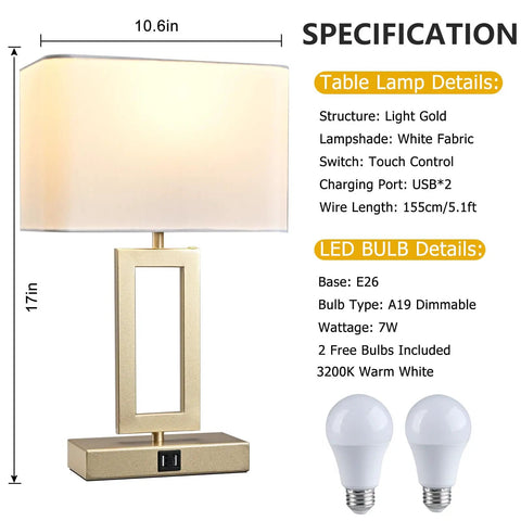 Dual USB Table Lamps Set Of 2 With Touch Control 3 Way Dimmable Bedside Lamps For Bedroom Or Office Gold And White Finish Modern Nightstand Lighting With LED Bulbs Included Sleek Contemporary Decor, showing lamp dimensions and bulb specifications.