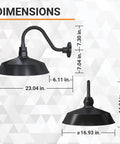 Dimensions of Outdoor Gooseneck Barn Light Fixture Satin Black With 17 Inch Shade And 14.5 Inch Extension Arm UL Listed
