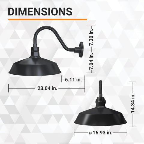 Dimensions of Outdoor Gooseneck Barn Light Fixture Satin Black With 17 Inch Shade And 14.5 Inch Extension Arm UL Listed