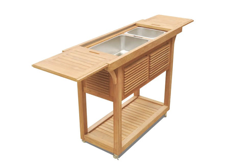 Solvang Teak Bar Cart With Extendable Beverage Tub And Locking Wheels For Outdoor Patio Entertaining Go To Option Teak Wood Beverage Center