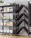 Heavy Duty Five Tier Metal Storage Shelves With Rolling Wheels And Foldable Design For Garage Kitchen Pantry And Home Office, black metal rack with multiple shelves and wheels.