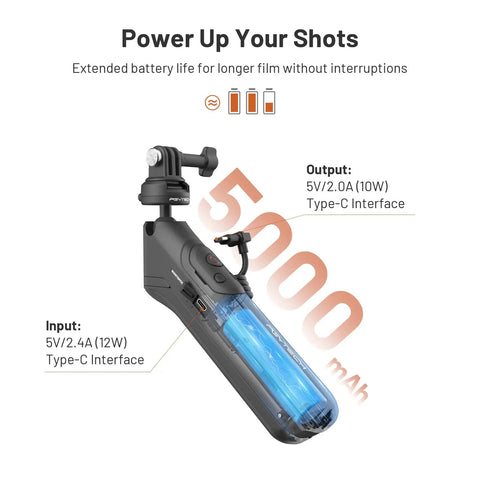 GoPro CapLock MantisPod Power 5000mAh Battery Grip Mount with clear battery and USB-C input-output details in graphic