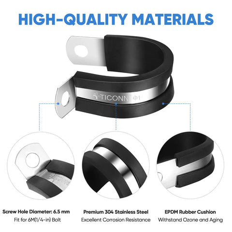 Beefy 24 Piece 1 Inch Cable Clamps With Rubber Cushioned 304 Stainless Steel Build, highlighting EPDM cushion and materials