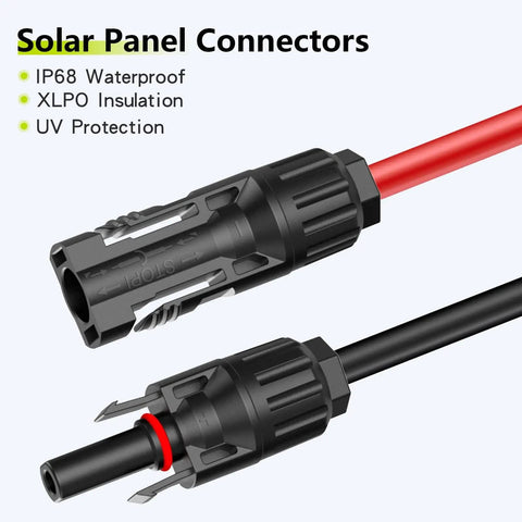 Close-up of Solar Panel Extension Cable 20Ft 10AWG With Tool Free Connectors Waterproof PV Cable 6mm2 connectors