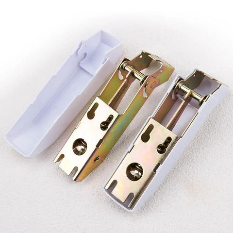 Universal Freezer Door Hinge With Integrated Spring Replacement Casing For Refrigerator Doors shown in gold and white casing