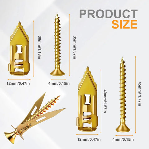 Drywall Anchors With Screws Kit 2026 Upgraded Direct Insertion Expansion Self Drilling, dimensions and components shown