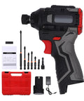 Heavy Duty Cordless Drill Set With 16.8V Brushless Motor And Knockout Power Delivery, battery, case, and accessories displayed.